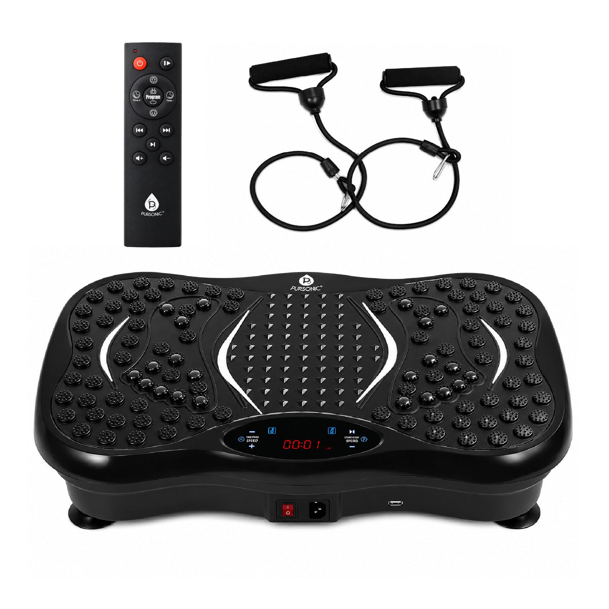 Pursonic vibration plate with wireless remote and resistance bands